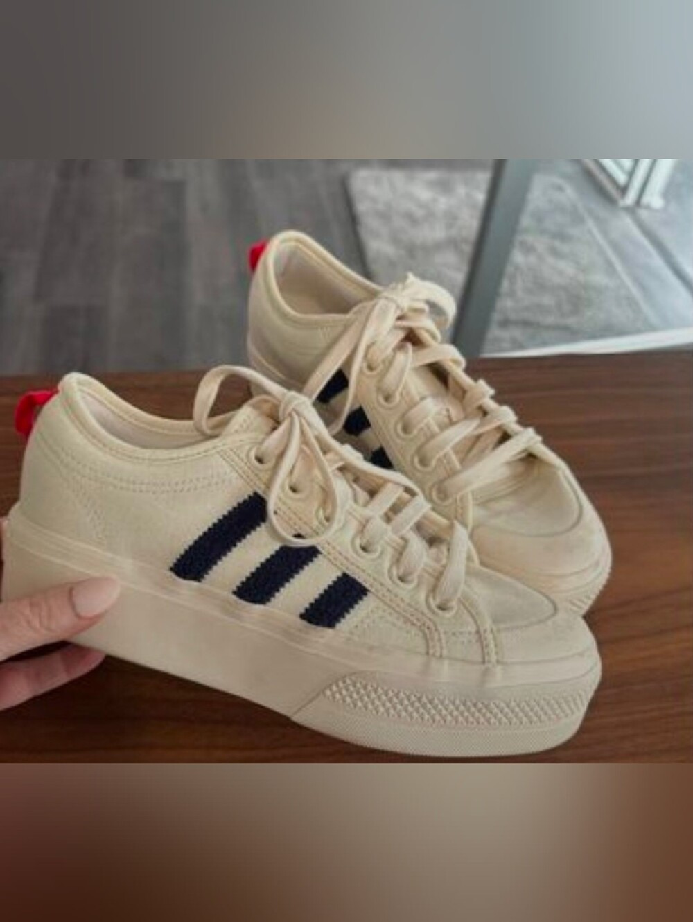 adidas Cream Platform Sneakers with Navy Stripes and Red Heel Tab